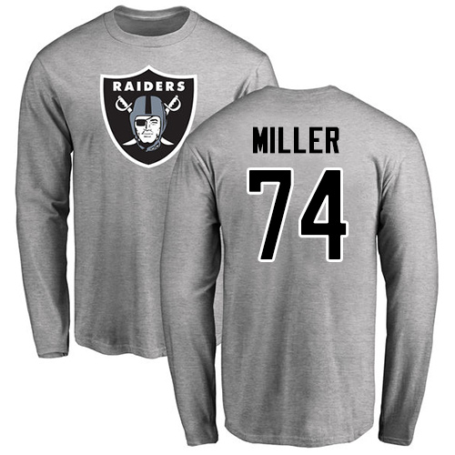 Men Oakland Raiders Ash Kolton Miller Name and Number Logo NFL Football #74 Long Sleeve T Shirt